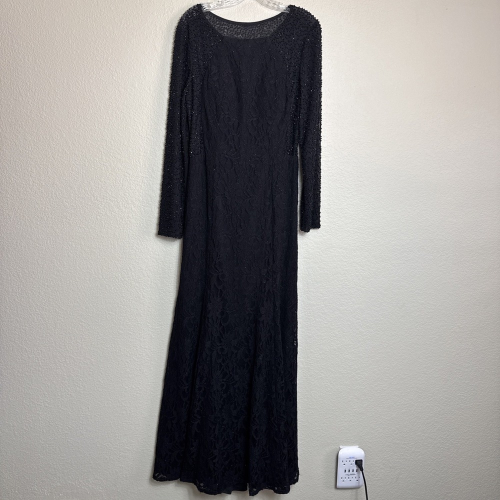 Cachet Size‎ 14 Black Beaded Lace Illusion Evening Gown Maxi Dress